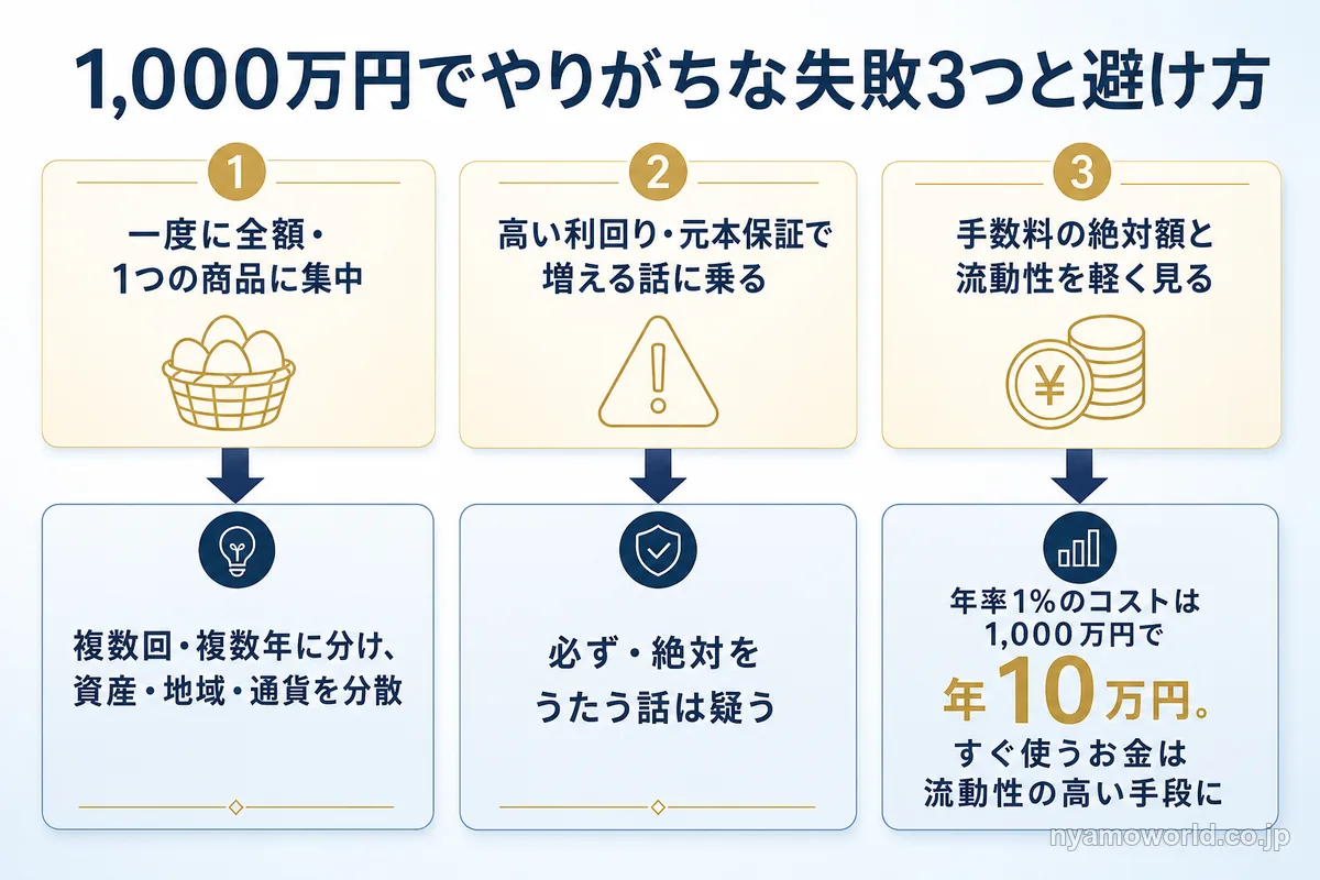 1,000万円規模でやりがちな失敗3つと、それぞれの避け方を示した図解
