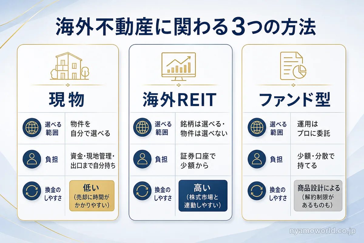 海外不動産に関わる現物・海外REIT・ファンド型の3つの方法を、選べる範囲・負担・換金のしやすさで比べた図解