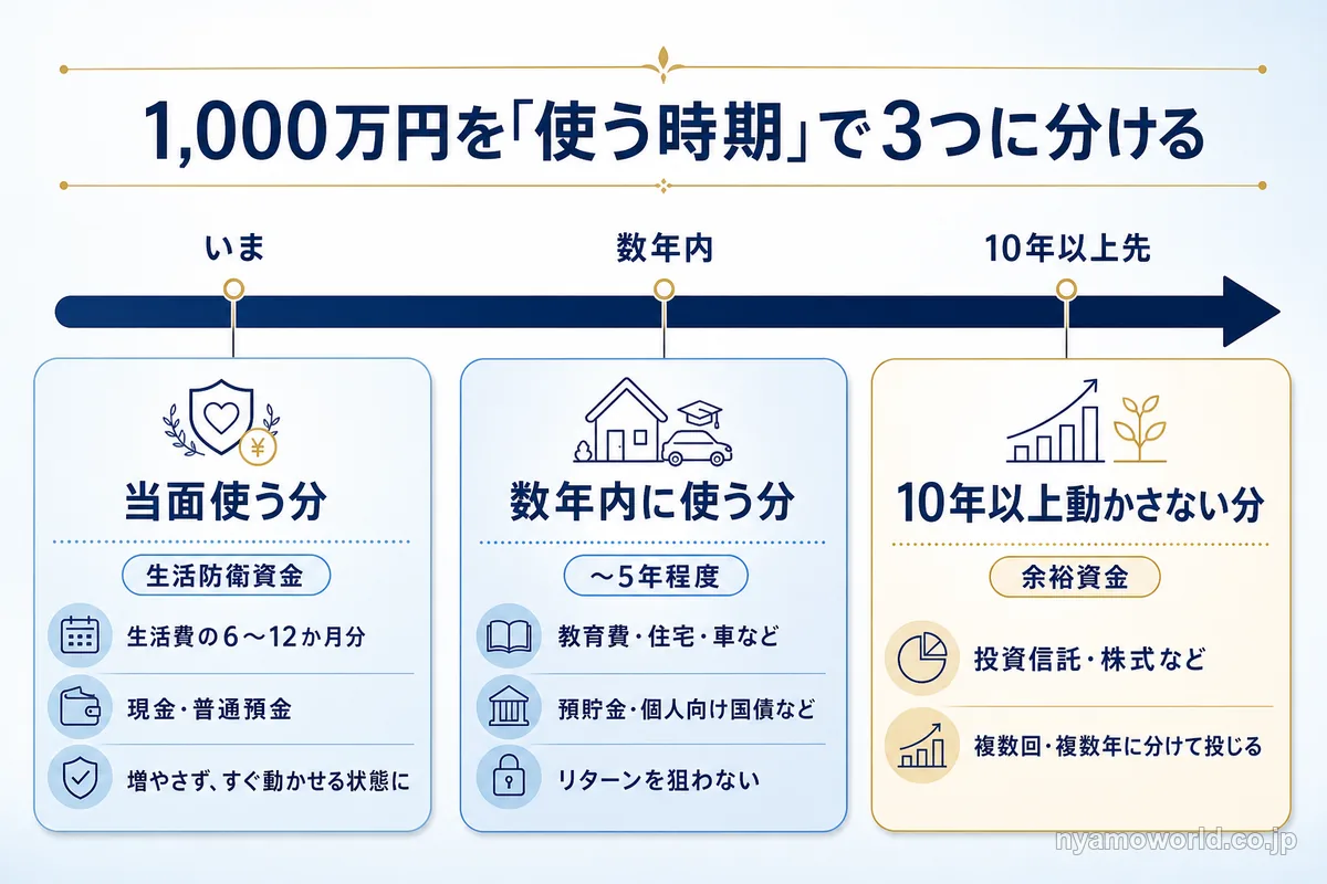 1,000万円を当面使う分・数年内に使う分・10年以上動かさない分の3つに分け、目安・置き場所・方針を示した図解